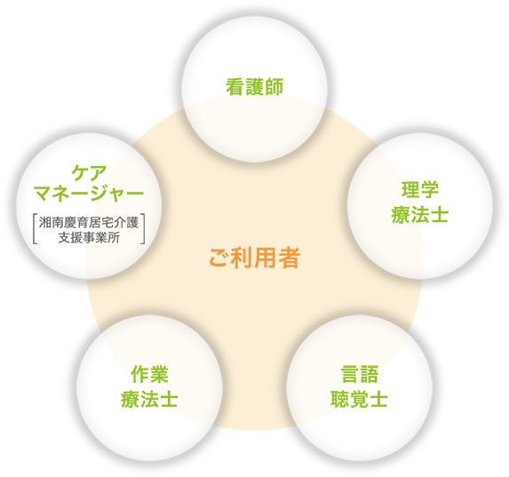 看護師と理学療法士、作業療法士、言語聴覚士、ケアマネージャーによるチームアプローチ